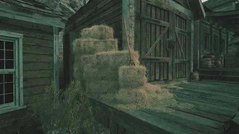 A rustic barn and a stack of hay in the countryside 스톡 일러스트