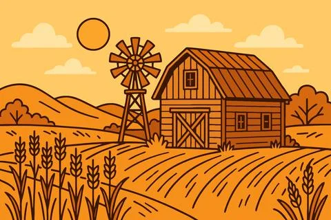 Rustic barn and windmill in a golden harvest field at sunset Illustration
