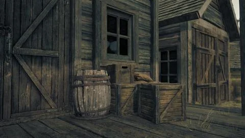 A rustic barn with a barrel in the doorway Illustration