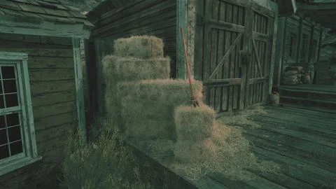 A rustic barn with hay bales in the foreground Stock Illustration