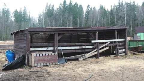 A rustic barn with a horse standing inside, ready to be ridden Stock Footage 332735568