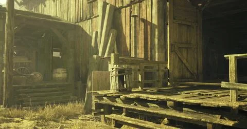 Rustic barn interior with wooden structures and tools in a rural setting Illustrazione stock