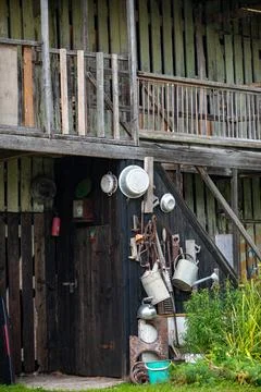 Rustic Barn Wall with Vintage Tools in Latvia Stock Photos