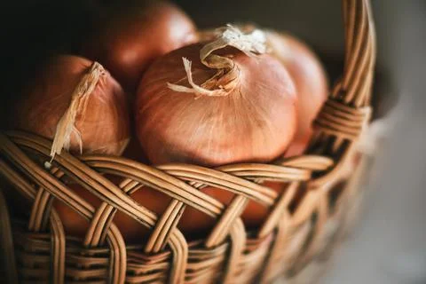 In a rustic basket made of wicker, there are large ripe onions in dry husks,  Stock Photos