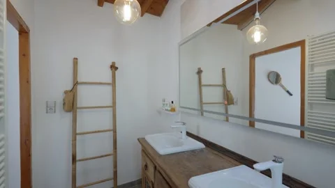 Rustic Bathroom Double Sink Wooden Vanity Beamed Ceiling Stock Footage 337533455
