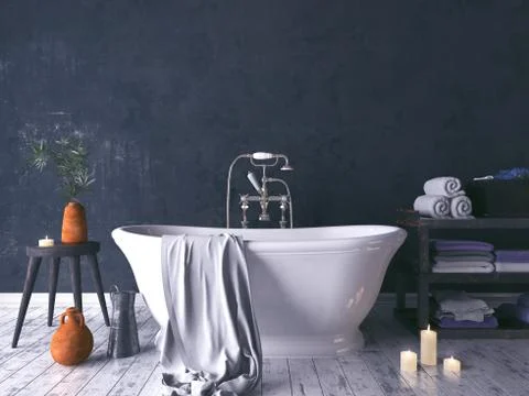 Rustic Bathroom With Old Wooden Stool And Burning Candles 3d render Stock Illustration