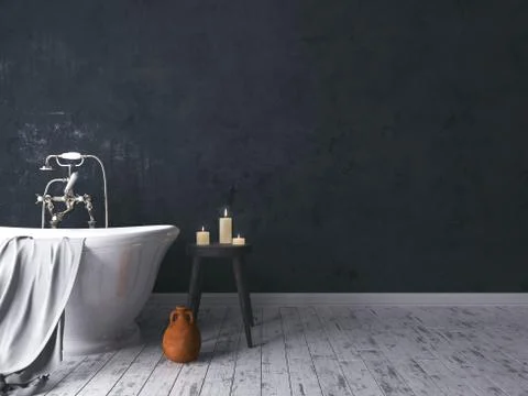 Rustic Bathroom With Old Wooden Stool And Burning Candles 3d render Stock Illustration
