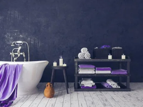 Rustic Bathroom With Old Wooden Stool And Burning Candles 3d render Stock Illustration