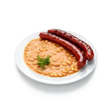 Rustic Bean and Sausage Stew - Homely Comfort on White Plate Stock Photos