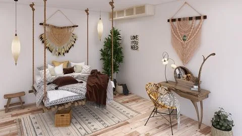 Rustic bedroom boho decorations hanging on the rops  beams bed  dressing table Stock Photos