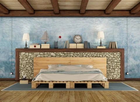 Rustic bedroom with pallet double bed Stock Illustration