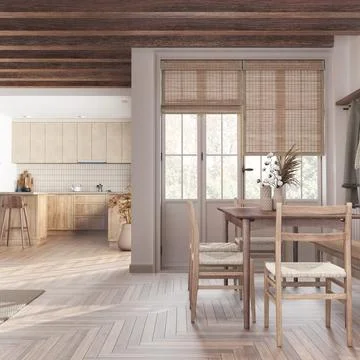 Rustic bleached wooden kitchen and dining room in white and beige tones. Ca.. Illustrazione stock