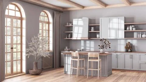 Rustic bleached wooden kitchen in white and beige tones with island and sto.. Illustrazione stock