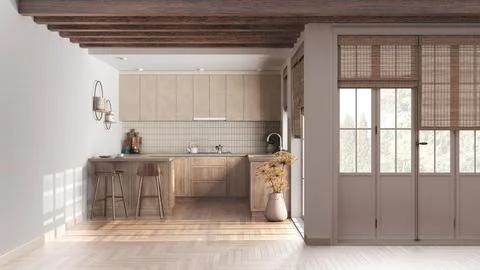 Rustic bleached wooden kitchen in white and beige tones. Cabinets, island w.. Stock Illustration