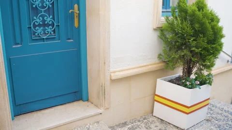 Rustic Blue Door In Spanish Old Town Street With Pebbled Floor 스톡 동영상 254860347
