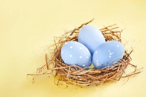 Rustic Blue Eggs in the Hay Nest on Yellow Background Stock Photos