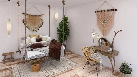 Rustic boho bedroom hanging bed dressing table rattan chair Stock Photos