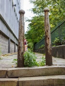 Rustic bollards flanking a leafy stone path in an urban setting. Stock Photos