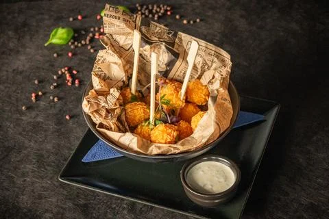 A rustic bowl lined with golden crispy bites on skewers Foto stock