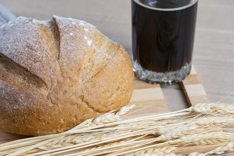 Rustic Bread and Kvass with Wheat Stock Photos