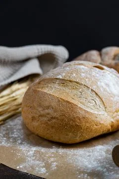 Rustic Bread Loaves with Wheat and Rolling Pin Stock Photos