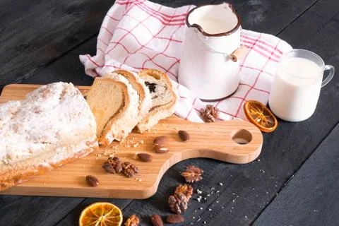 Rustic breakfast with cake and milk Stock Photos