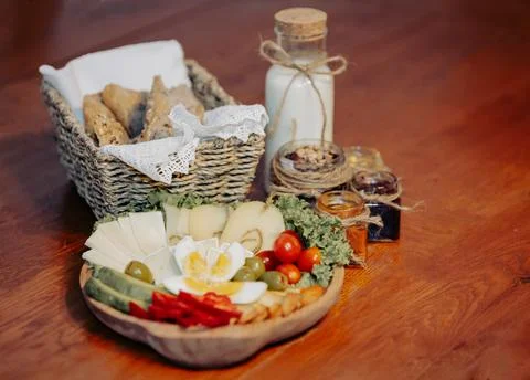 Rustic Breakfast with Fresh Ingredients Stock Photos