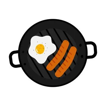 Rustic breakfast with sausages, fried egg, salt and pepper in grill pan Top view 스톡 일러스트