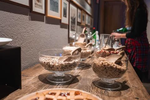 Rustic Breakfast Setup in Luxury Alpine Hotel with Wooden Elements Stock Photos