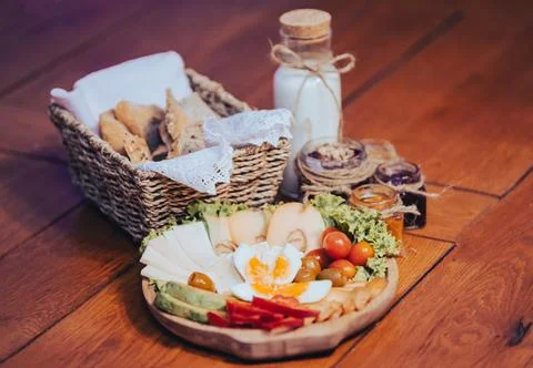 Rustic Breakfast Spread with Healthy Options Stock Photos