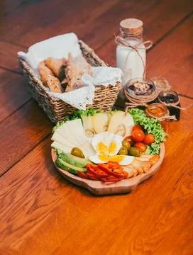 Rustic Breakfast Spread on Wooden Table Stock Photos