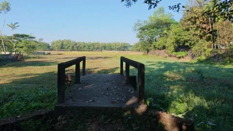 A rustic bridge leads the eye across a serene green meadow Stock Footage 322767152