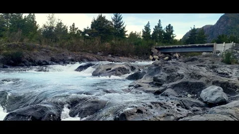 Rustic Bridge Over Wild River Stream Vidéo 345660525