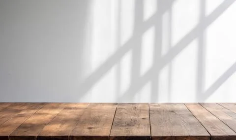 Rustic brown wood surface table with clean white space, sunlight shadow patte Stock Photos