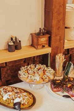 Rustic Buffet Setting With Delicious Dishes Stock Photos