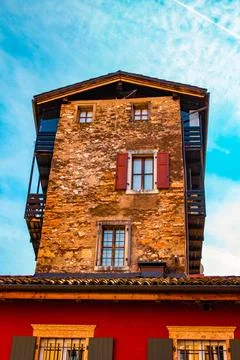 Rustic Building With Diferens Sized Windows Stock Photos