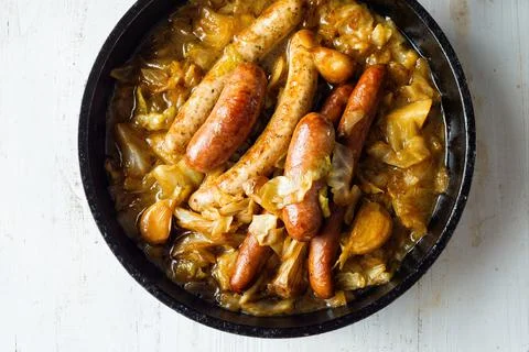 Rustic cabbage stew with sausage Stock Photos
