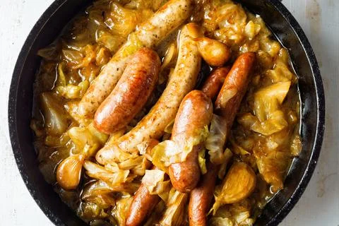Rustic cabbage stew with sausage Stock Photos
