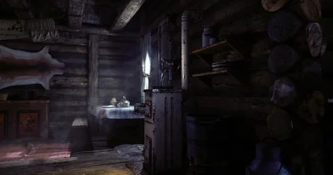 Rustic cabin interior showcasing wood details and a cozy atmosphere Illustrazione stock