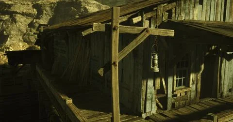 Rustic cabin with lantern in a sunlit mountainous setting invites exploration Stock Illustration