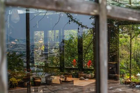 Rustic Cafe Interior with Set Tables Stock-Fotos
