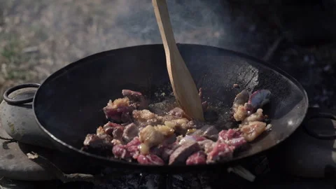 Rustic Campfire Cooking Scene in Nature Stock Footage 327079984