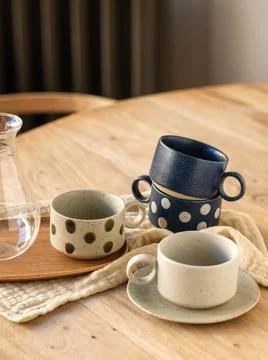 Rustic Ceramic Coffee Cup Set with Polka Dot Pattern on Wooden Table Stock Photos