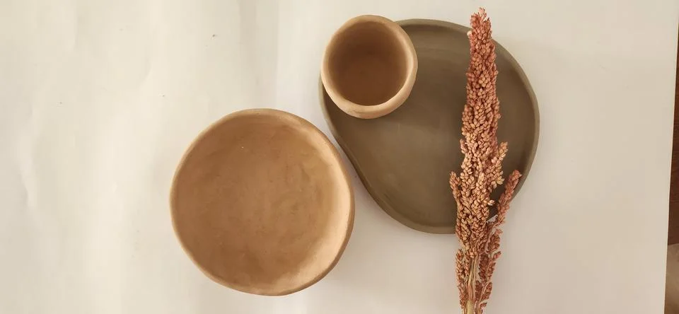 Rustic Ceramic Tableware with Dried Plant Stock Photos