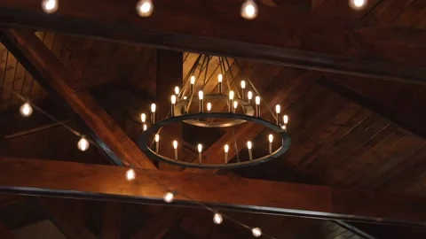 Rustic Chandelier Lighting in Barn Venue Stock-Footage 142168258