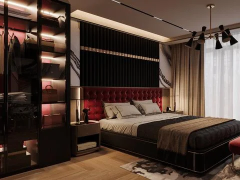 Rustic Charm Incorporating Natural Elements in Master bedroom interior design Stock-Illustration