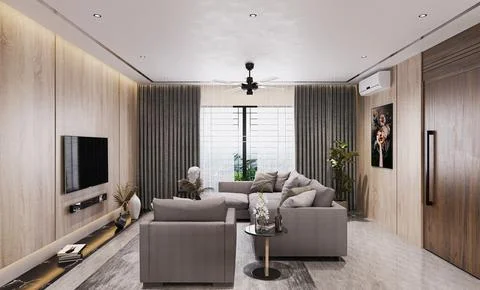 Rustic Charm Living Room Interior Design in Industrial Style Loft with 3D R.. Illustrazione stock