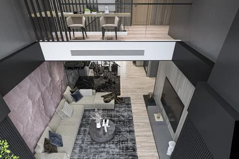 Rustic Charm Living Room Interior Design in Industrial Style Loft with 3D R.. Illustrazione stock