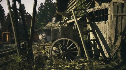 Rustic charm of a weathered barn with vintage tools surrounded by nature Stock Footage 340353064