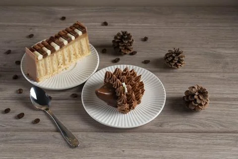 Rustic Chocolate Desserts with Pine Cones and Coffee Beans Stock Photos
